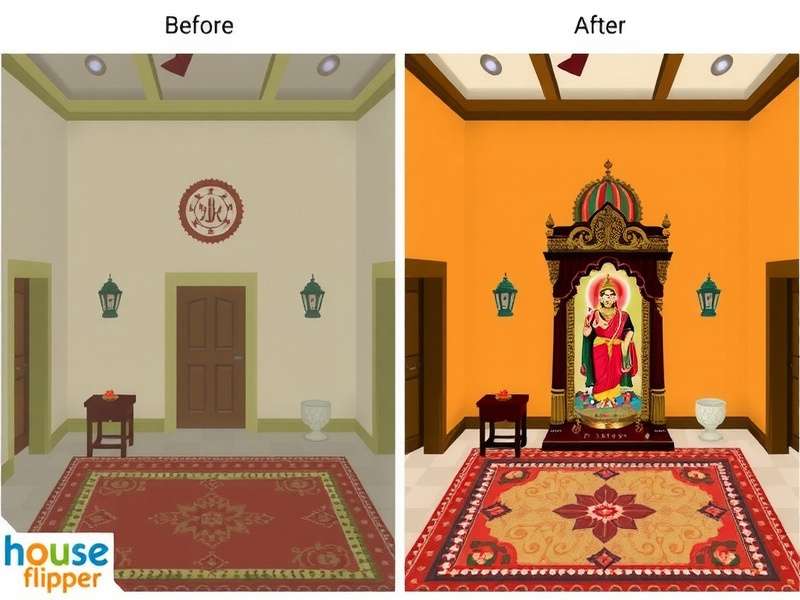 House Flipper Renovation Example House Flipper game screenshot showing before and after renovation of an Indian home with puja room